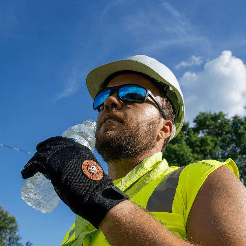 Bullhead Pompano Safety Glasses with Black Frame and Polarized Blue Mirror Anti-Fog Lens BH2769PFT - Man Wearing Pompano3