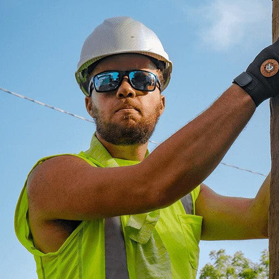 Bullhead Pompano Safety Glasses with Black Frame and Polarized Blue Mirror Anti-Fog Lens BH2769PFT - Man Wearing Pompano2