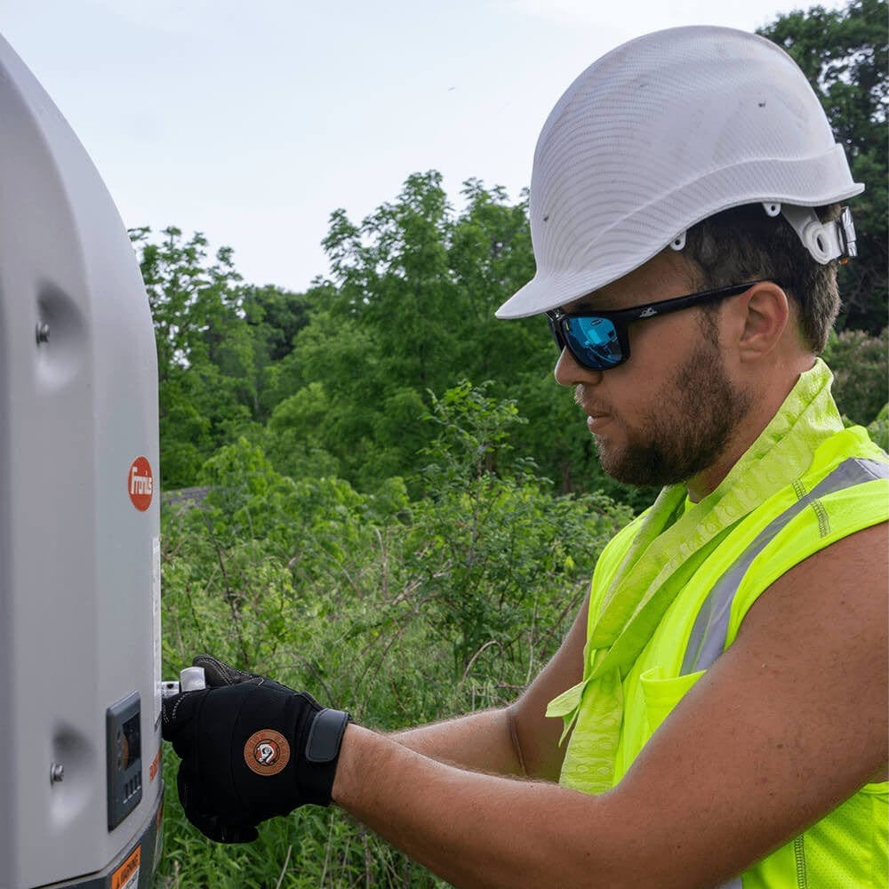 Bullhead Pompano Safety Glasses with Black Frame and Polarized Blue Mirror Anti-Fog Lens BH2769PFT - Man Wearing Pompano1