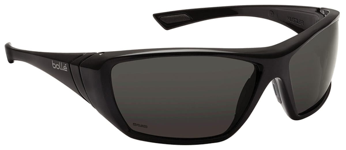 Bolle Hustler Safety Sunglasses with Shiny Black Frame and Polarized Smoke Anti-Scratch and Anti-Fog Lenses