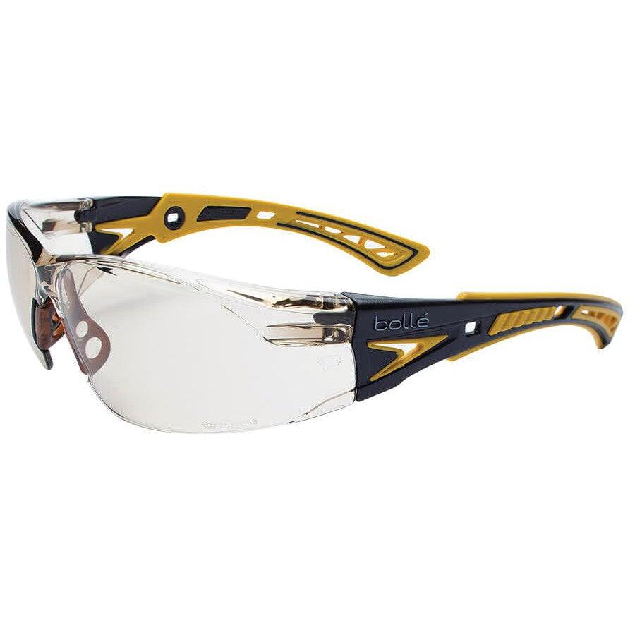 Bolle Rush Plus Safety Glasses with Black/Yellow Temples and CSP Indoor/Outdoor Platinum Anti-Fog Lens