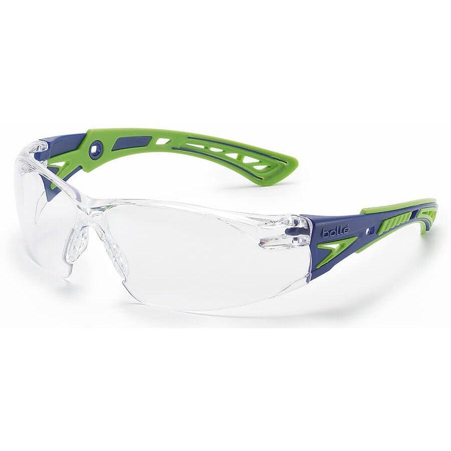Bolle Rush Plus 40256 Safety Glasses with Blue/Green Temples and Clear Platinum Anti-Fog Lens