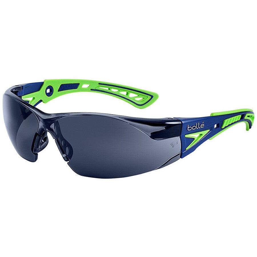 Bolle Rush Plus Safety Glasses with Blue/Green Temples and Smoke Platinum Anti-Fog Lens