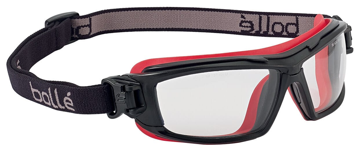 Bolle ULTIM8 Safety Glasses/Goggle with Black/Red Temples, Foam Gasket and Clear Platinum Anti-Fog Lens - With Strap Only