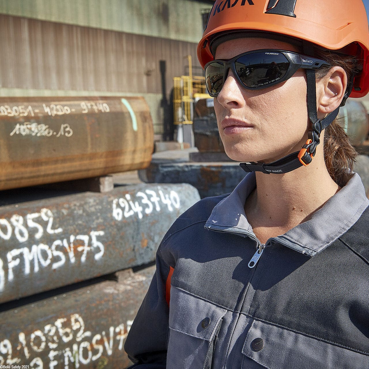 Bolle Komet Safety Glasses with Polarized Smoke Lens - Woman Wearing