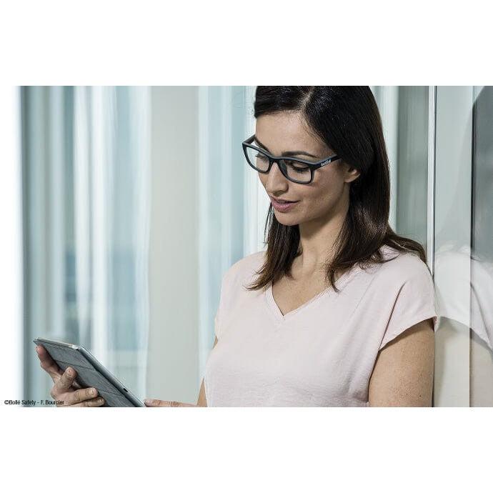 Woman Wearing Bolle Kick Office Safety Glasses with Side Shields and Clear Blue-Blocker Lens PXFOFKI109