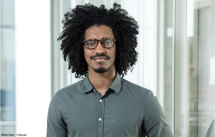 Man Wearing Bolle Kick Spicy Office Safety Glasses with Clear Blue-Blocker Lens PXFOFSP605