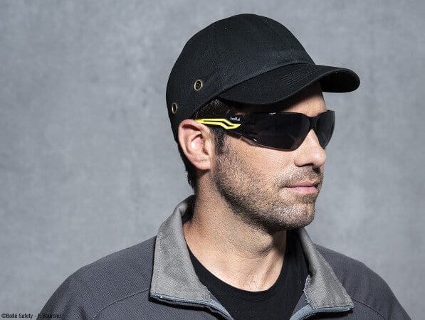 Man Wearing Bolle Silex Plus Safety Glasses with Smoke Platinum Anti-Fog Lenses
