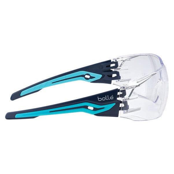 Bolle Silex Safety Glasses with Navy/Sky Blue Temples and Clear Anti-Fog Lens - Side View