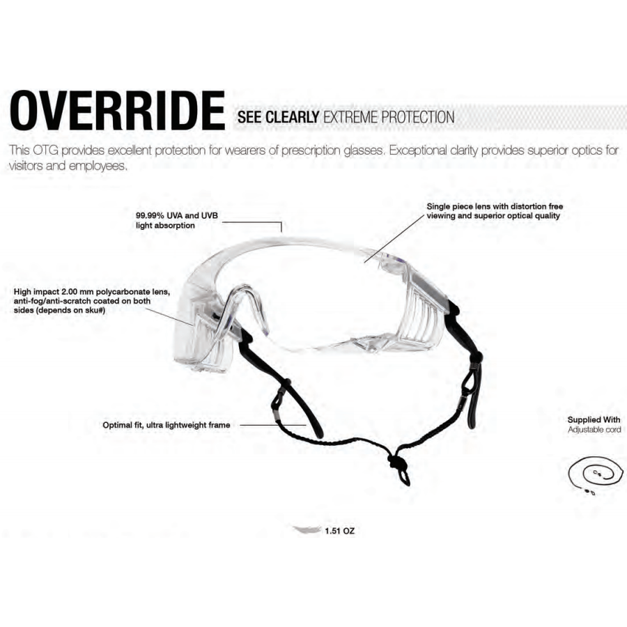 Bolle Override Safety Glasses Anti-Fog Clear Lens 40054 Key Features
