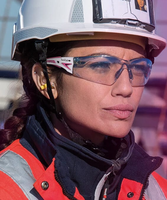 Bolle Rush Plus Small Safety Glasses with White/Pink Temples and Clear Lens with Platinum Anti-Fog BOL-40254 - Woman Wearing - 2