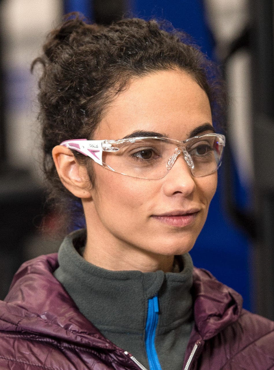 Bolle Rush Plus Small Safety Glasses with White/Pink Temples and Clear Lens with Platinum Anti-Fog BOL-40254 - Woman Wearing