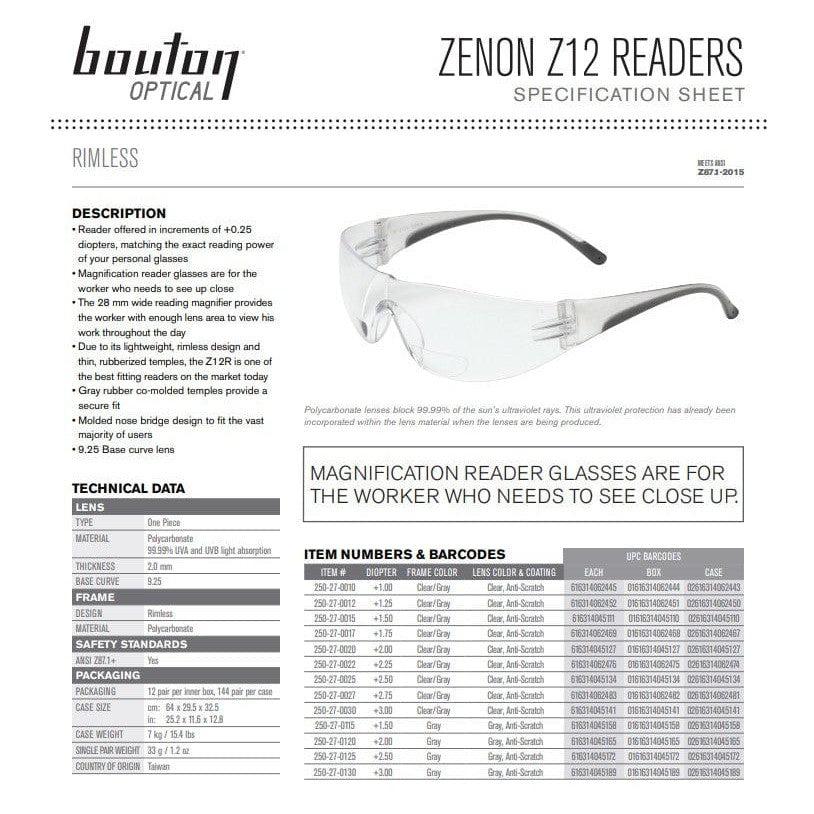 Bouton Zenon Z12R Bifocal Safety Glasses Spec Sheet