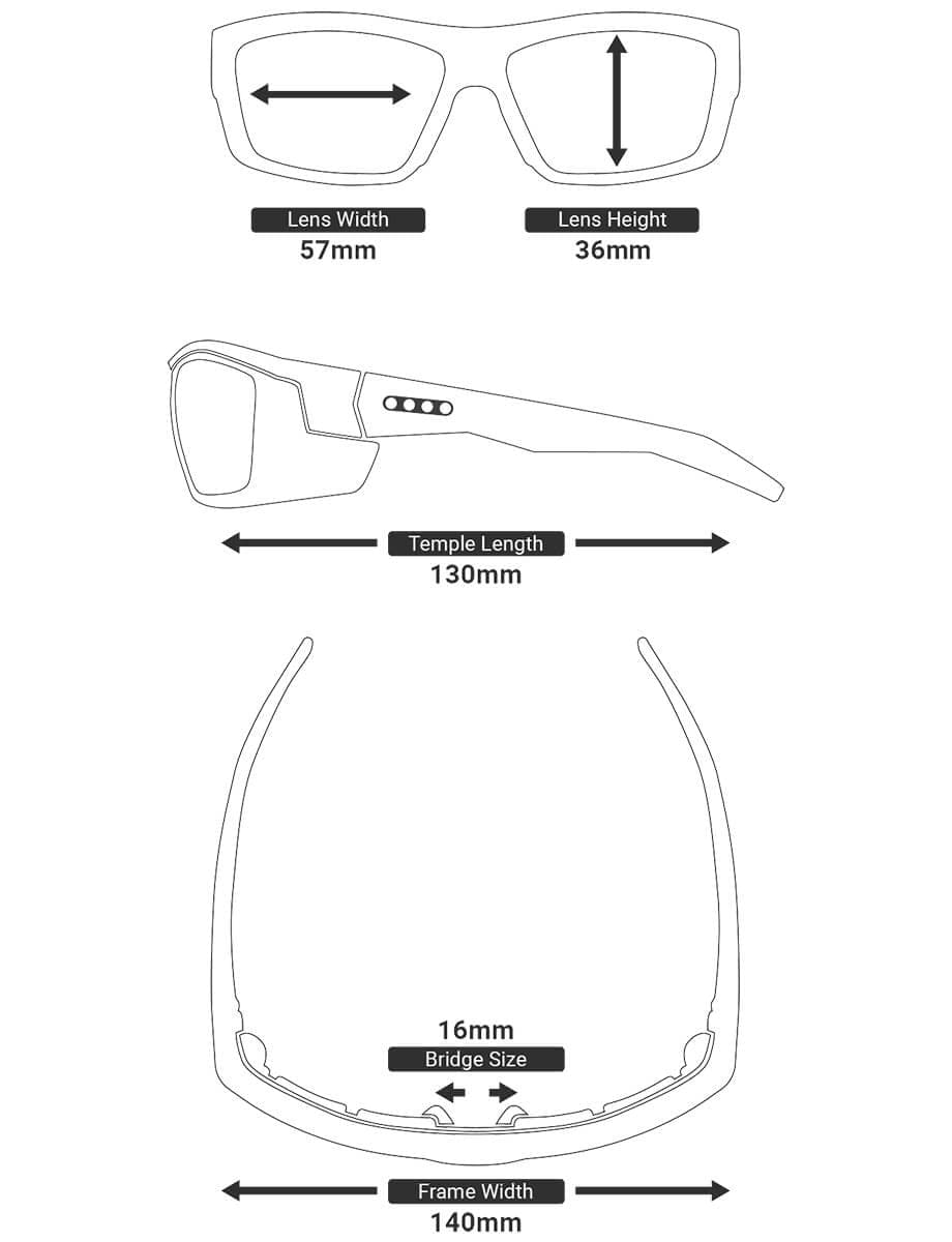 EnChroma Panoramic Color Blind Safety Glasses with Cx3 Outdoor Sun Lens Cx3-SN-PAN-BK-PL - Frame & Lens Measurements