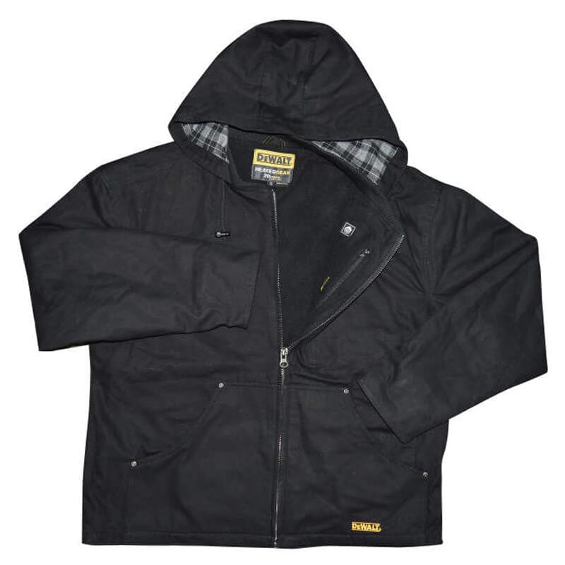 DEWALT DCHJ076ATB Unisex Heated Heavy Duty Work Coat Without Battery - Front Flat View - Shown in Black