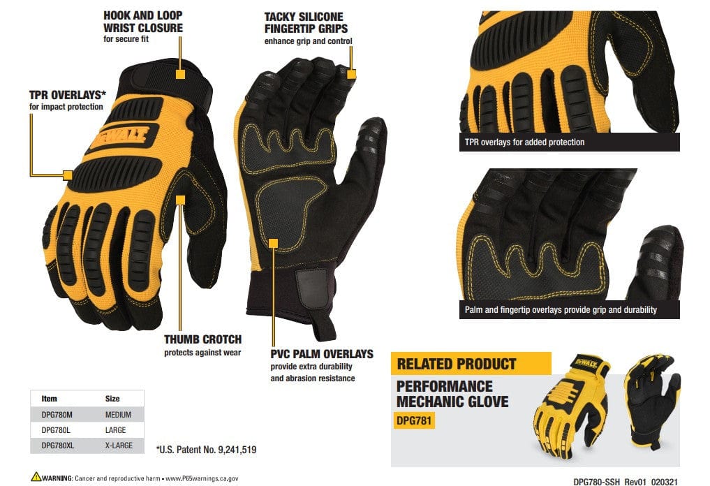 DeWalt DPG780 Performance Mechanic Work Gloves Specs