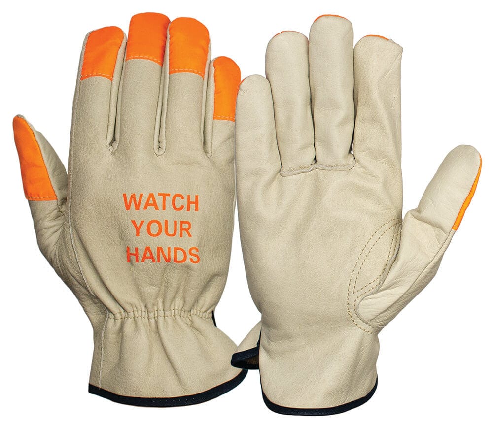 Pyramex GL2003K Grain Cowhide Leather Driver Gloves w/ Orange Finger Tips (12 Pair)