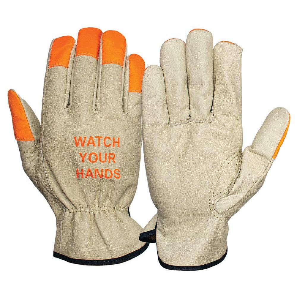 Pyramex GL2003K Grain Cowhide Leather Driver Gloves w/ Orange Finger Tips (12 Pair)