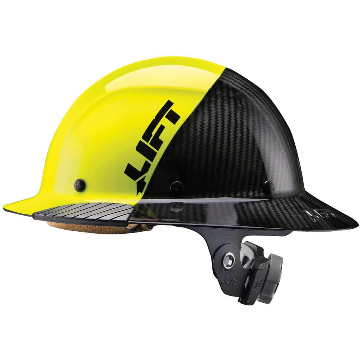 Lift Safety Dax Carbon Fiber Full Brim Fifty 50 Hard Hat with 6-Point Suspension - Yellow/Black Side