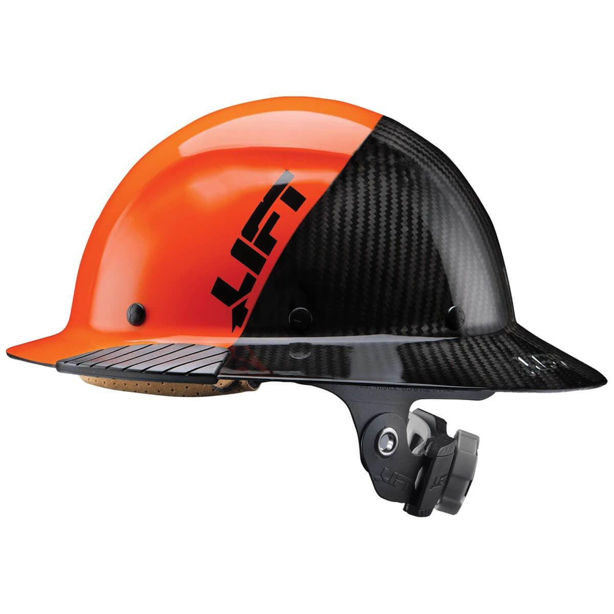 Lift Safety Dax Carbon Fiber Full Brim Fifty 50 Hard Hat with 6-Point Suspension - Orange/Black Side
