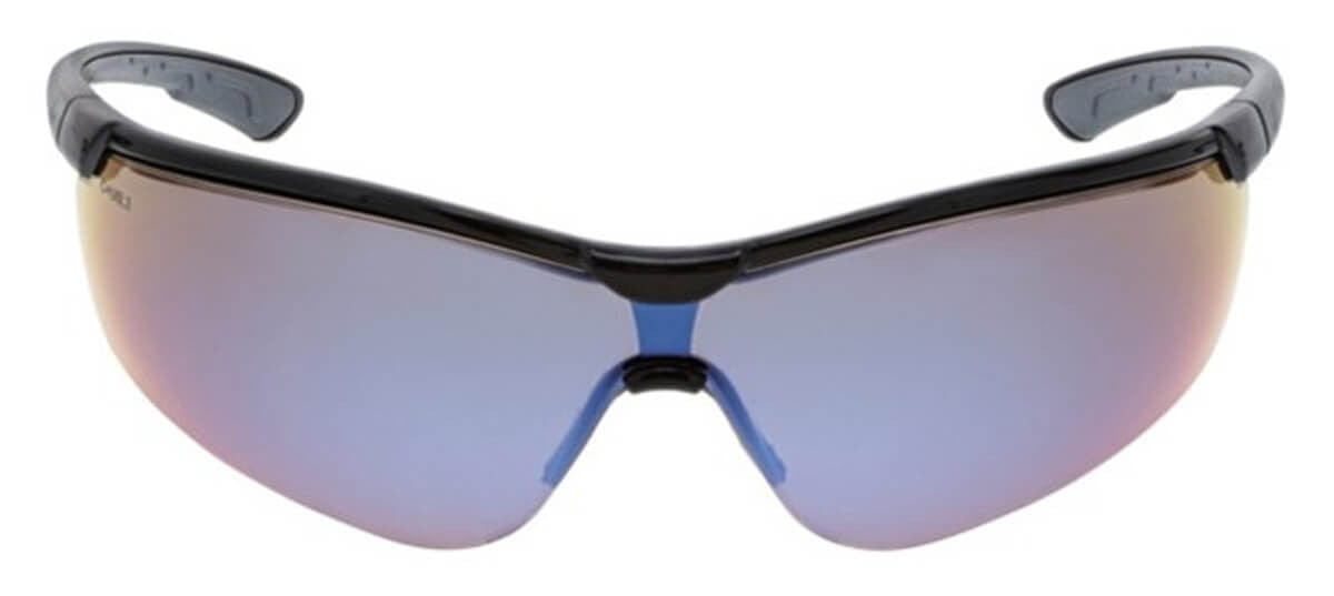 MCR Safety Klondike KD7 Safety Glasses with Black Frame and Blue Diamond Mirror Lens KD718B - Front View