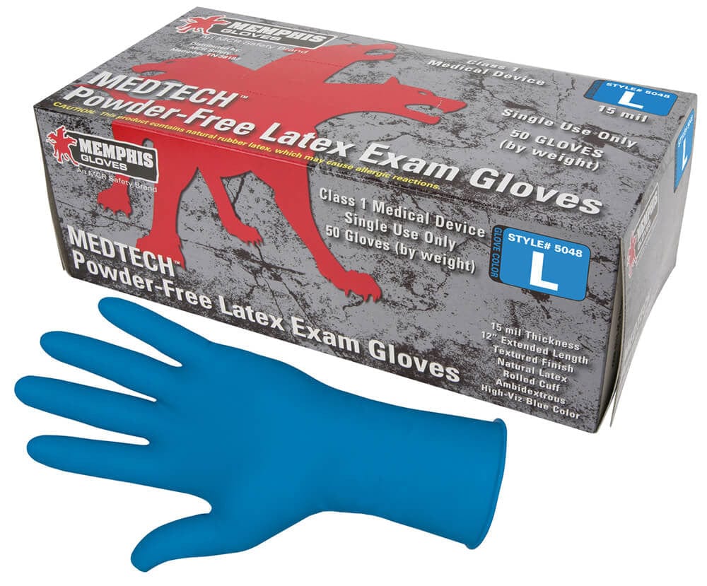 MCR MedTech Disposable Gloves, Blue Latex, Medical Grade, Powder Free, 15-Mil (Box 50)