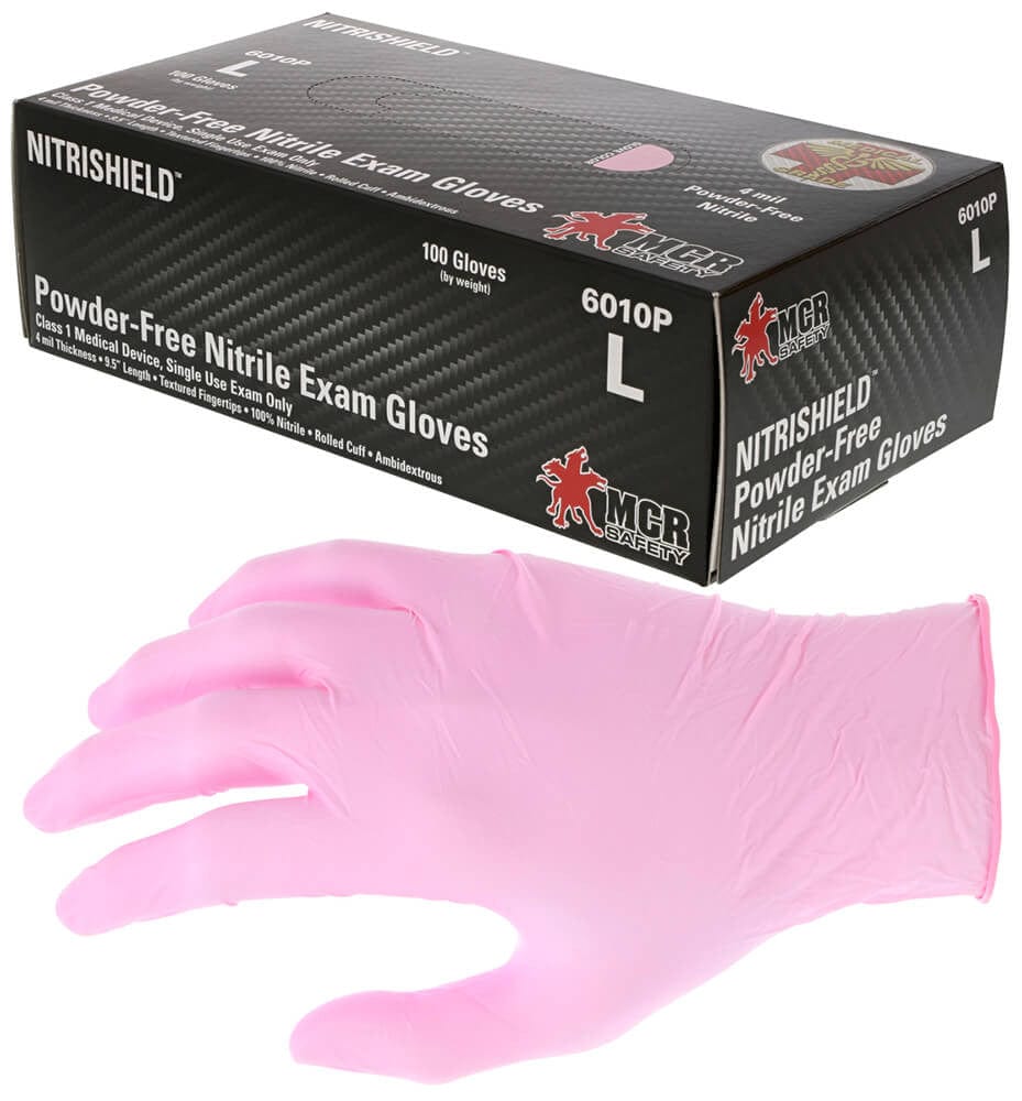 MCR NitriShield 6010P Disposable Gloves, Pink, Medical Grade, Powder Free, 4 Mil (Box 100)