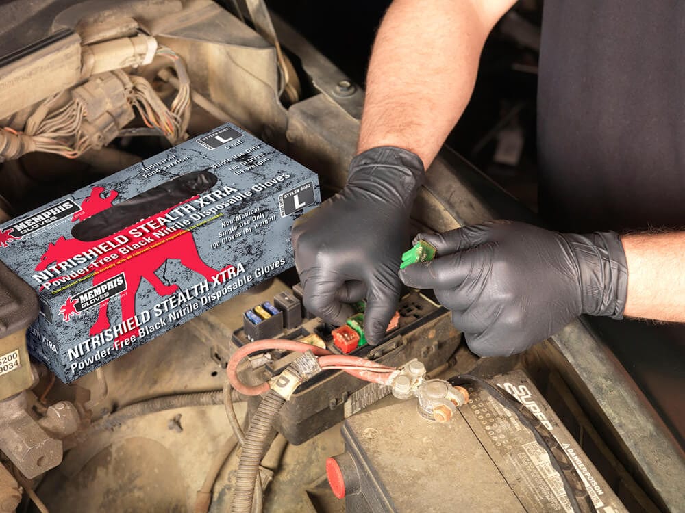 MCR NitriShield Stealth Disposable Industrial/Food-Grade 6-mil Nitrile Gloves - In use