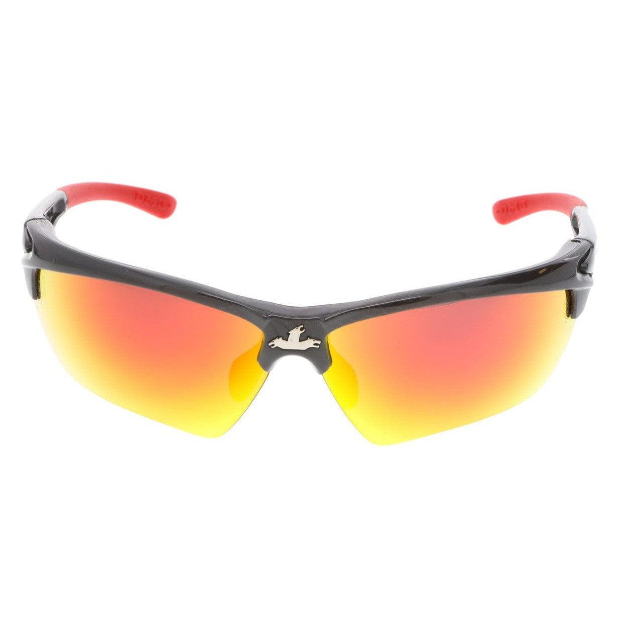 MCR Safety DM131R Dominator DM3 Safety Glasses Gray Red Frame Red Mirror Lenses Front View