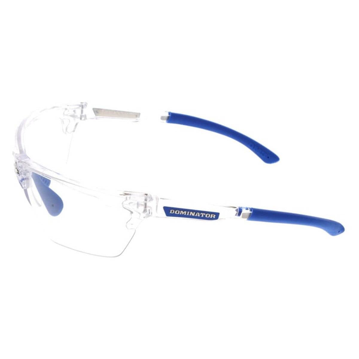 MCR Safety DM1320PF Dominator DM3 Safety Glasses Blue Clear Frame Clear MAX6 Anti-Fog Lenses left temple view