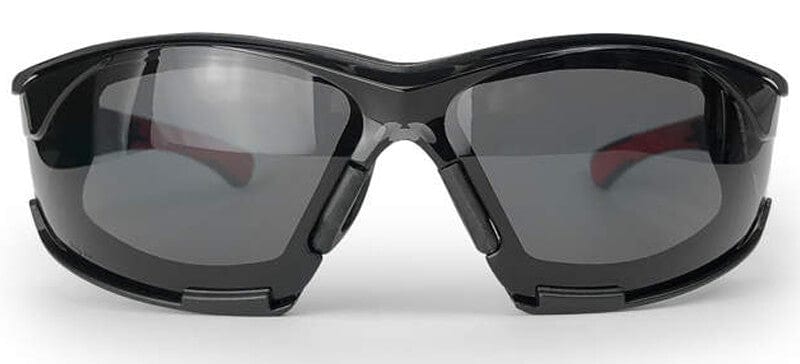 Radians Obliterator Foam-Lined Safety Glasses with Black/Red Frame and Smoke IQUITY Anti-Fog Lens - Front View