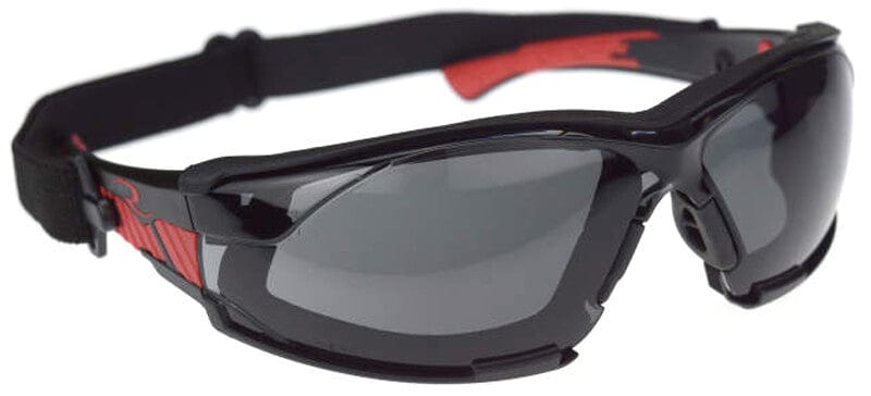 Radians Obliterator Foam-Lined Safety Glasses with Black/Red Frame and Smoke IQUITY Anti-Fog Lens - with Foam-Lined Insert and Strap