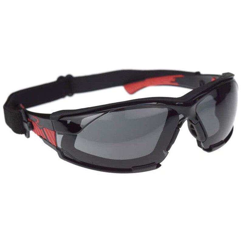 Radians Obliterator Foam-Lined Safety Glasses with Black/Red Frame and Smoke IQUITY Anti-Fog Lens - with Foam-Lined Insert and Strap