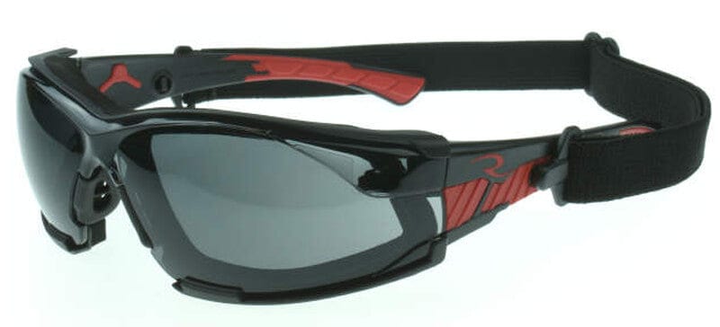 Radians Obliterator Foam-Lined Safety Glasses with Black/Red Frame and Smoke IQUITY Anti-Fog Lens - with Foam-Lined Insert and Strap