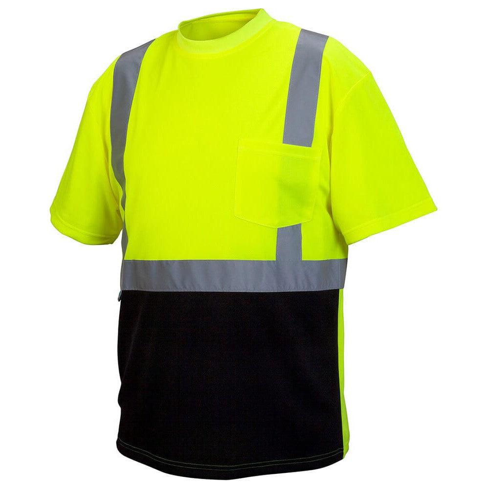 Pyramex RTS2110B Black Bottom Short Sleeve Safety T-Shirt. This hi-vis lime shirt is made from lightweight polyester, which wicks away moisture, keeping you cool and comfortable all day. It also features a black bottom to hide dirt.