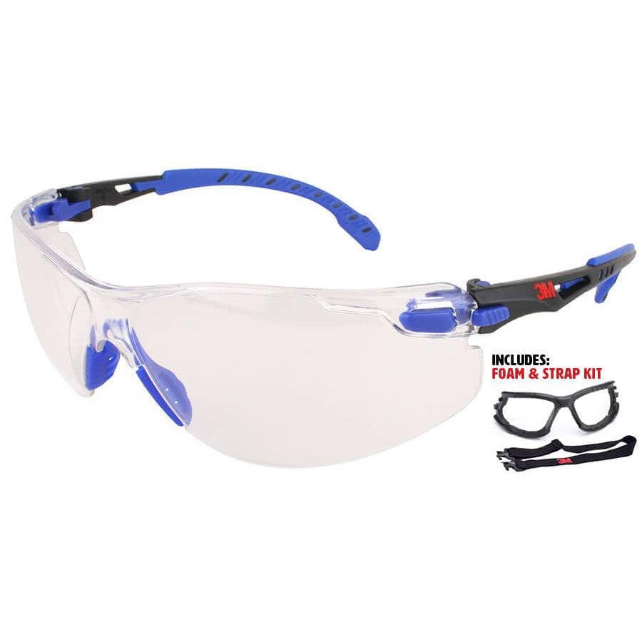 3M Solus Safety Glasses with Blue Temples, Clear Anti-Fog Lens and Foam & Strap Kit S1101SGAF-KT