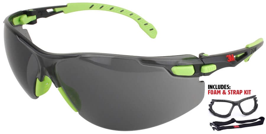 3M Solus S1202SGAF-KT Safety Glasses with Green Temples, Gray Anti-Fog Lens and Foam & Strap Kit