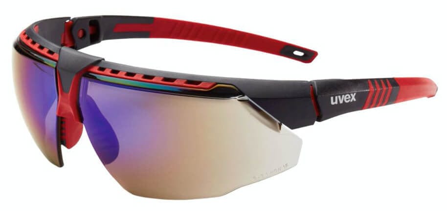 Uvex Avatar Safety Glasses with Red/Black Frame and Blue Mirror Lens