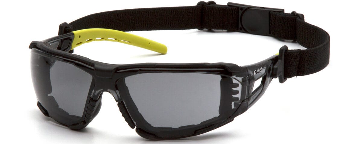 Pyramex Fyxate Foam-Padded Safety Glasses with Black/Lime Frame and Gray H2MAX Anti-Fog Lens SBL10220STMFP - with Strap