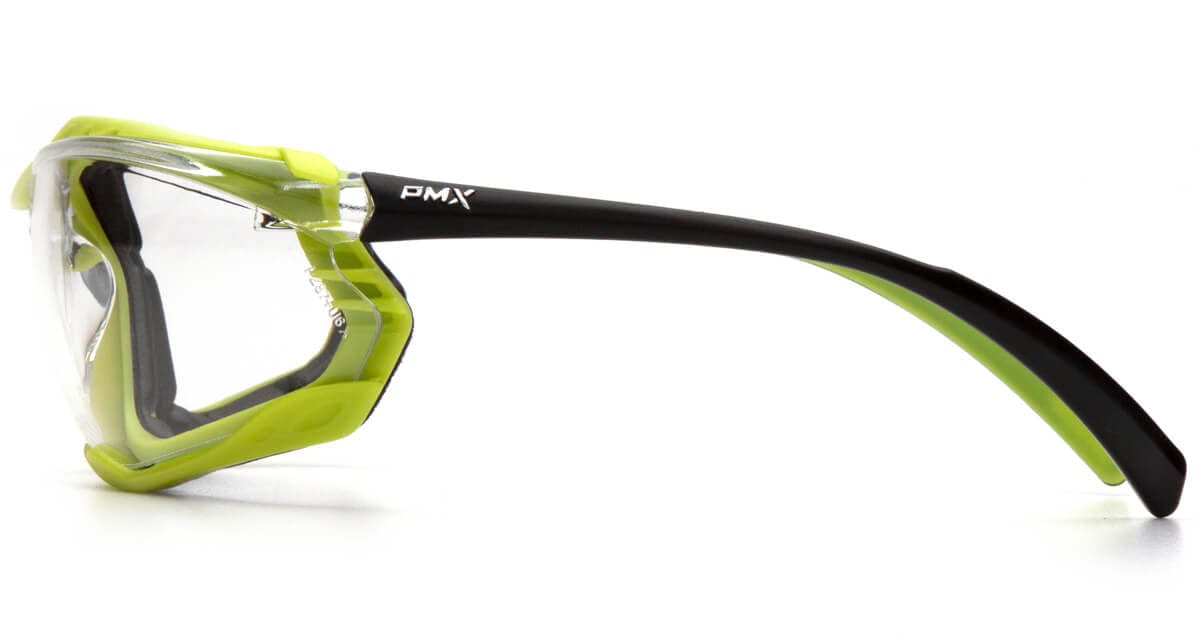 Pyramex Proximity Safety Glasses with Black/Lime Frame and Clear H2MAX Anti-Fog Lens - Side View