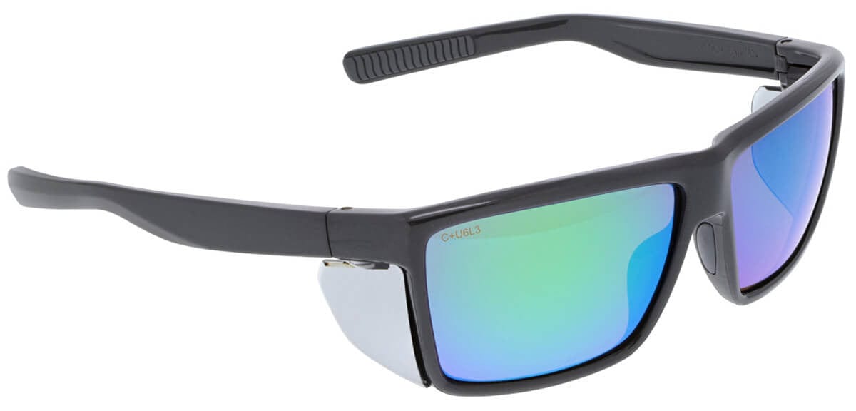 MCR Safety Swagger SR2 Safety Glasses with Charcoal Frame and Green Mirror Lens SR22BG - Side View