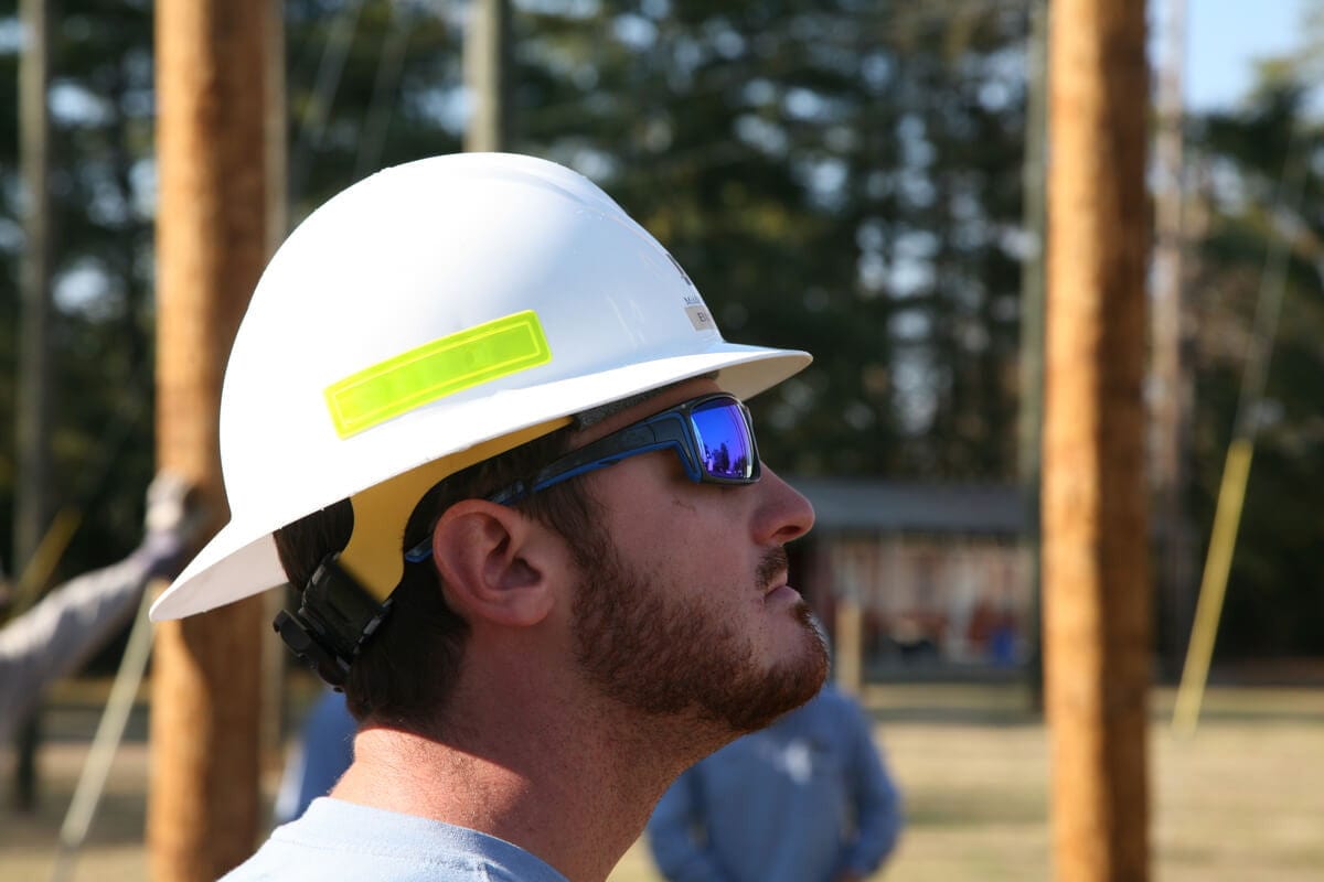 Crews Swagger SR4 Safety Glasses with Gun Metal Frame and Blue Diamond Mirror Lens - Lifestyle Image