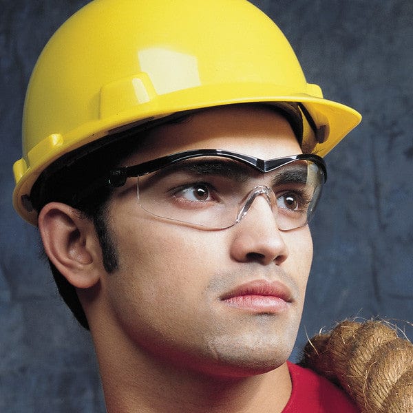 Crews Storm Safety Glasses with Black Frame and Clear Lens ST110 Worn