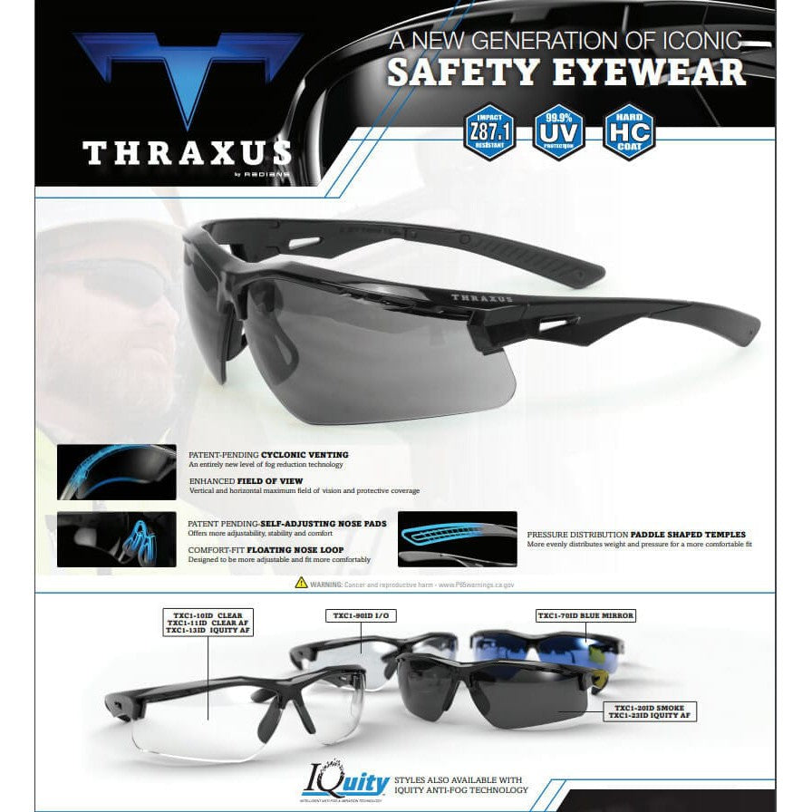 Radians Thraxus Safety Glasses with Smoke IQUITY Anti-Fog Lens - Key Features