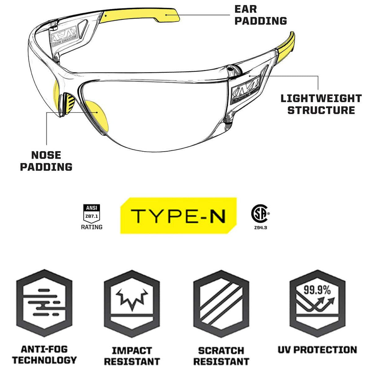 Mechanix Wear Type-N Safety Glasses with Amber Frame and Amber Anti-Fog Lens VNS-30AC-BU - Details