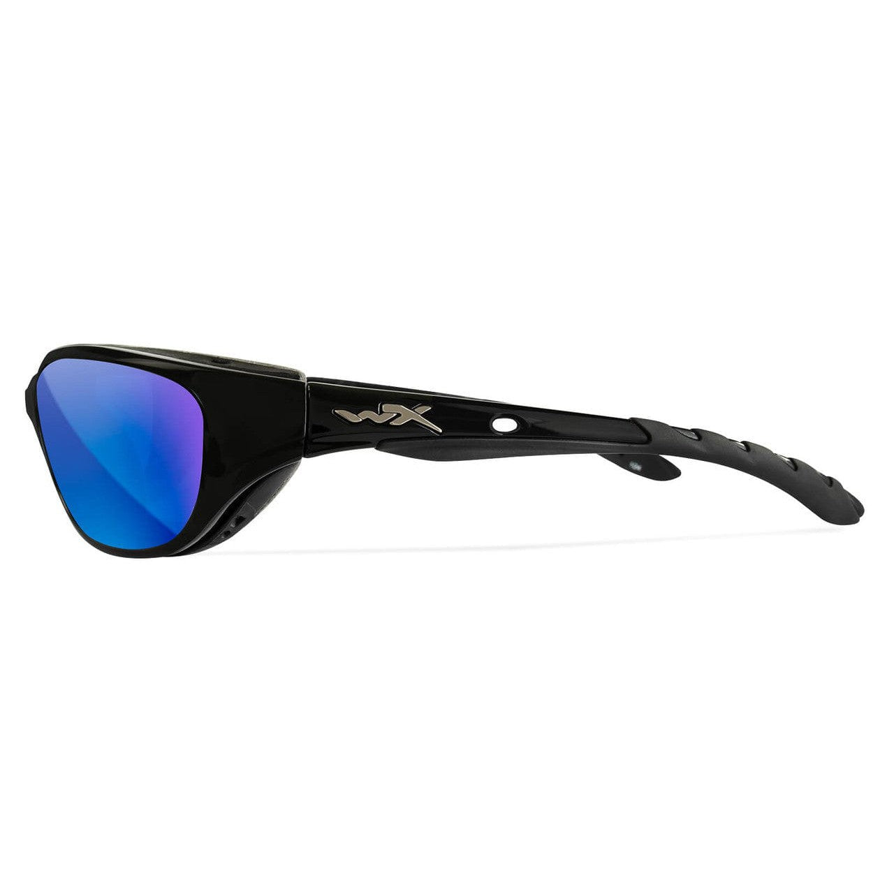 Wiley X AirRage Safety Glasses with Gloss Black Frame and Captivate Polarized Blue Mirror Lens 692 - Side View