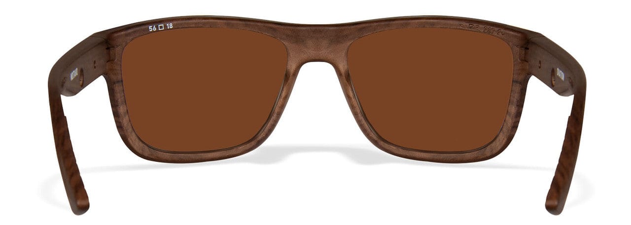 Wiley X Ovation Safety Sunglasses with Matte Woodgrain Frame and Captivate Polarized Green Mirror Lens AC6OVN07 - Back View