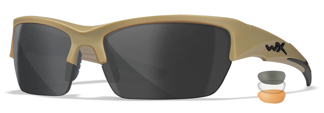 Wiley X Valor Ballistic Sunglasses Kit with Tan Frame and Smoke Grey, Clear, and Light Rust Lenses CHVAL06T