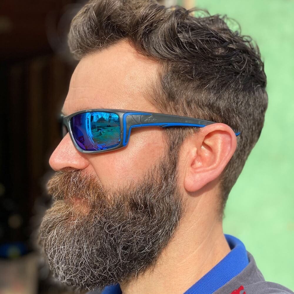 Crews Swagger SR4 Safety Glasses Gun Metal Frame Blue Diamond Mirror Lens SR438B - Profile