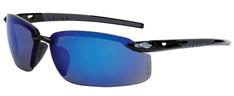 Crossfire ES5 Safety Glasses with Shiny Black Frame and Blue Mirror Lens